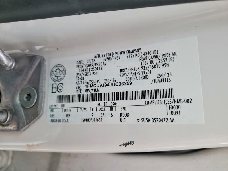 75512875 :رقم المزاد ، 1FMCU9J94JUC96259 vin ، 2018 Ford Escape مزاد بيع