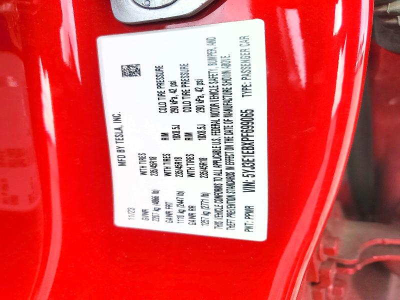 77504195 :رقم المزاد ، 5YJ3E1EBXPF699065 vin ، 2023 Tesla Model 3 مزاد بيع