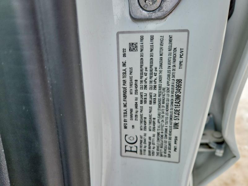 77724325 :رقم المزاد ، 5YJ3E1EA3NF349698 vin ، 2022 Tesla Model 3 مزاد بيع