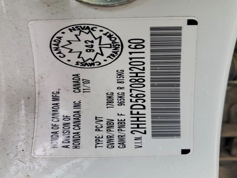 76999345 :رقم المزاد ، 2HHFD56708H201160 vin ، 2008 Acura Csx مزاد بيع