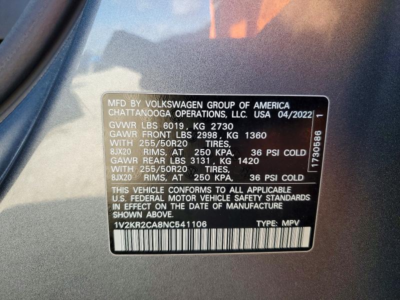 Продаж на аукціоні авто 2022 Volkswagen Atlas, vin: 1V2KR2CA8NC541106, номер лоту: 78288965