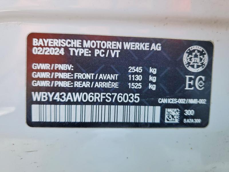 2024 Bmw I4 მანქანა იყიდება აუქციონზე, vin: WBY43AW06RFS76035, აუქციონის ნომერი: 75864005