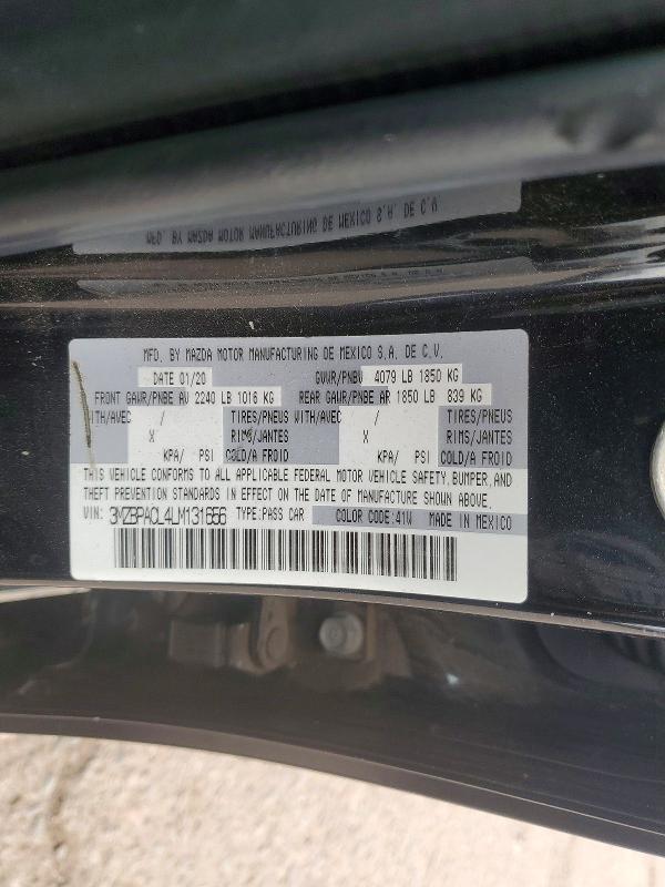 76973685 :رقم المزاد ، 3MZBPACL4LM131656 vin ، 2020 Mazda 3 مزاد بيع