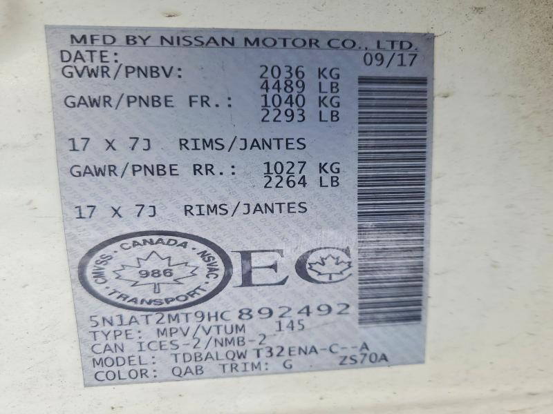 78133615 :رقم المزاد ، 5N1AT2MT9HC892492 vin ، 2017 Nissan Rogue مزاد بيع