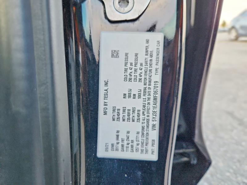 78139965 :رقم المزاد ، 5YJ3E1EA6MF067019 vin ، 2021 Tesla Model 3 مزاد بيع
