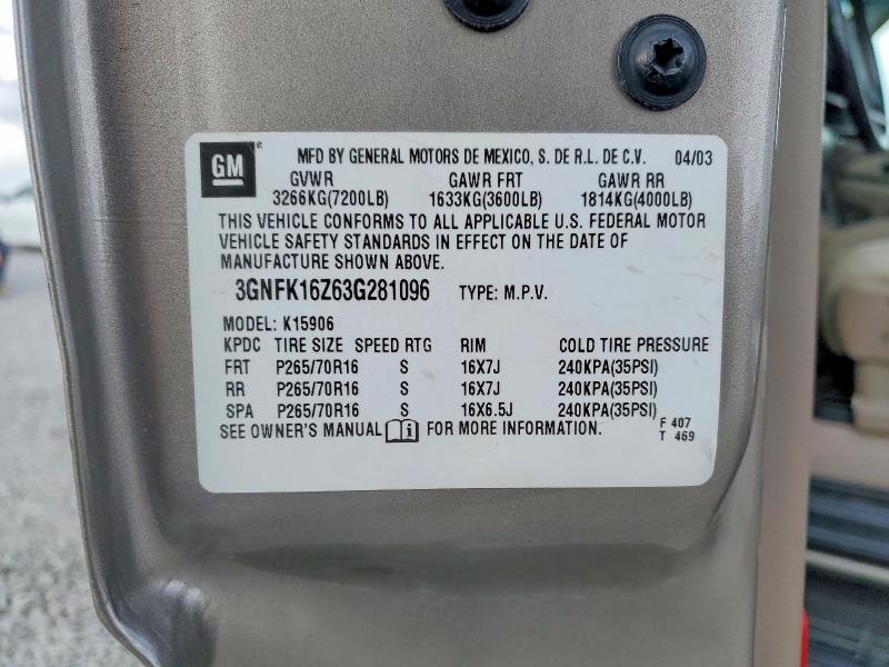 Aukcja sprzedaży 2003 Chevrolet Suburban, vin: 3GNFK16Z63G281096, numer aukcji: 78101645