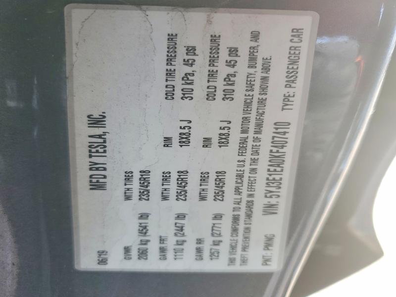 78478995 :رقم المزاد ، 5YJ3E1EA0KF407410 vin ، 2019 Tesla Model 3 مزاد بيع