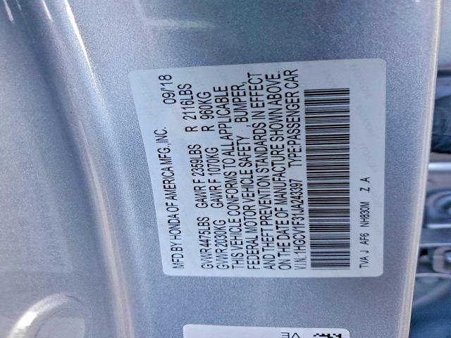 Aukcja sprzedaży 2018 Honda Accord, vin: 1HGCV1F31JA243397, numer aukcji: 78468595