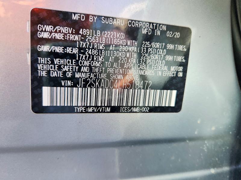 75553065 :رقم المزاد ، JF2SKADC4LH518472 vin ، 2020 Subaru Forester مزاد بيع