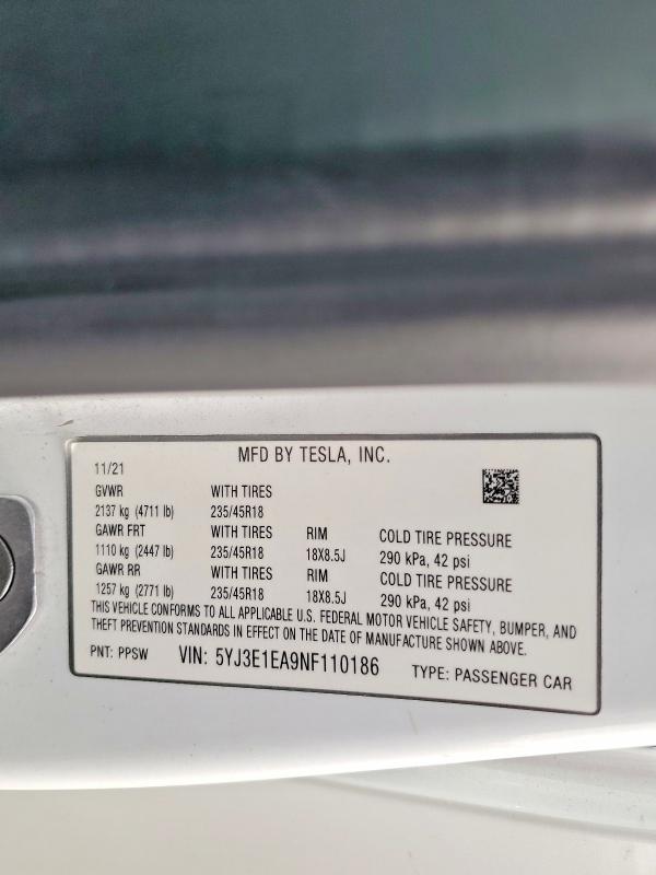 Продаж на аукціоні авто 2022 Tesla Model 3, vin: 5YJ3E1EA9NF110186, номер лоту: 76439805