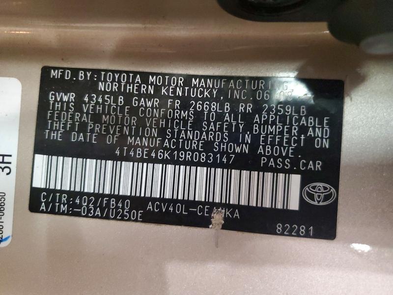 Aukcja sprzedaży 2009 Toyota Camry, vin: 4T4BE46K19R083147, numer aukcji: 78172925