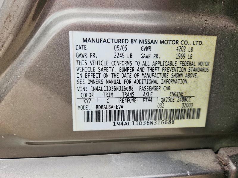 2006 Nissan Altima მანქანა იყიდება აუქციონზე, vin: 1N4AL11D36N316688, აუქციონის ნომერი: 75757645