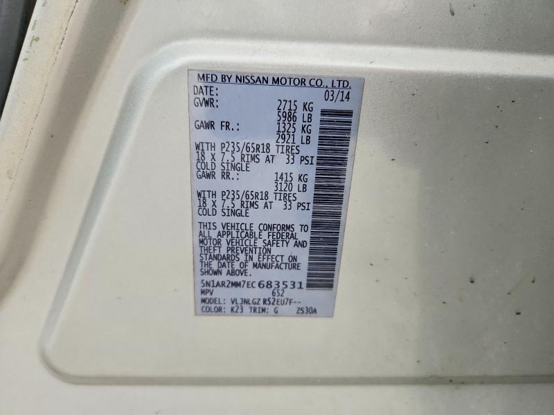 2014 Nissan Pathfinder მანქანა იყიდება აუქციონზე, vin: 5N1AR2MM7EC683531, აუქციონის ნომერი: 77702915