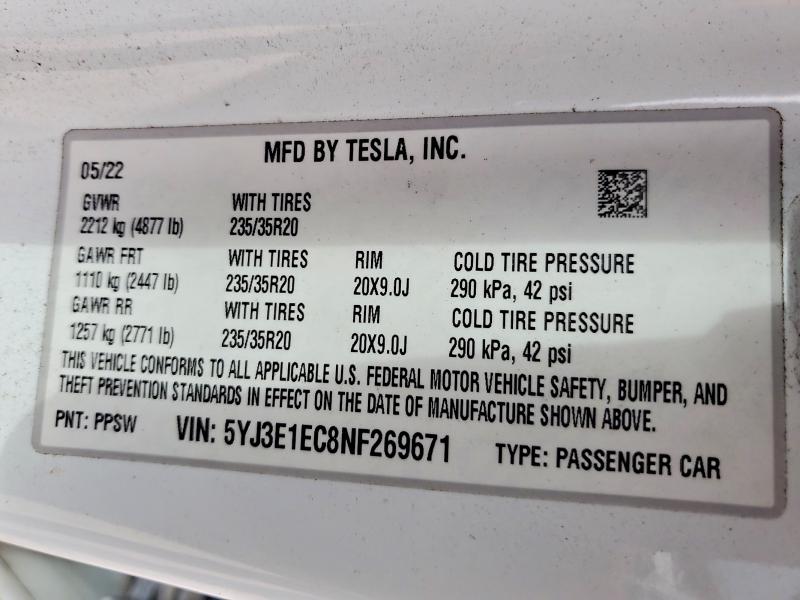 Aukcja sprzedaży 2022 Tesla Model 3, vin: 5YJ3E1EC8NF269671, numer aukcji: 78114325