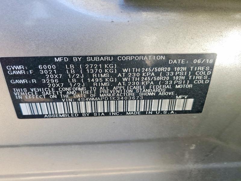 2019 Subaru Ascent მანქანა იყიდება აუქციონზე, vin: 4S4WMAPD1K3403673, აუქციონის ნომერი: 77066265