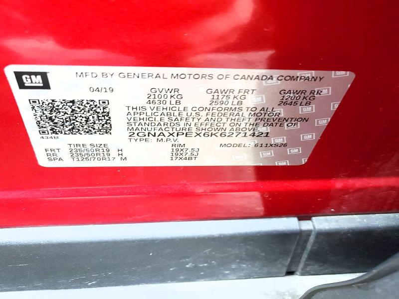 Aukcja sprzedaży 2019 Chevrolet Equinox, vin: 2GNAXPEX6K6271421, numer aukcji: 75659865