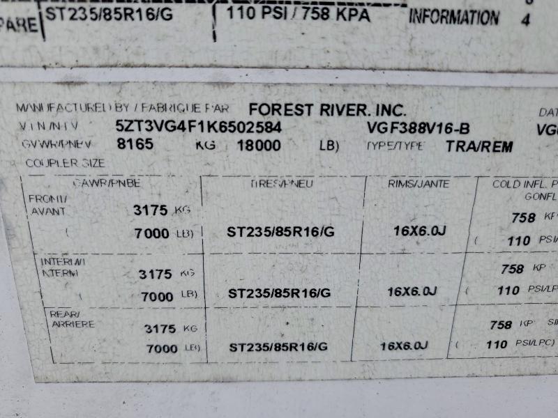 46233976 :رقم المزاد ، 5ZT3VG4F1K6502584 vin ، 2019 Forester River Recreational Vehicle (rv) مزاد بيع