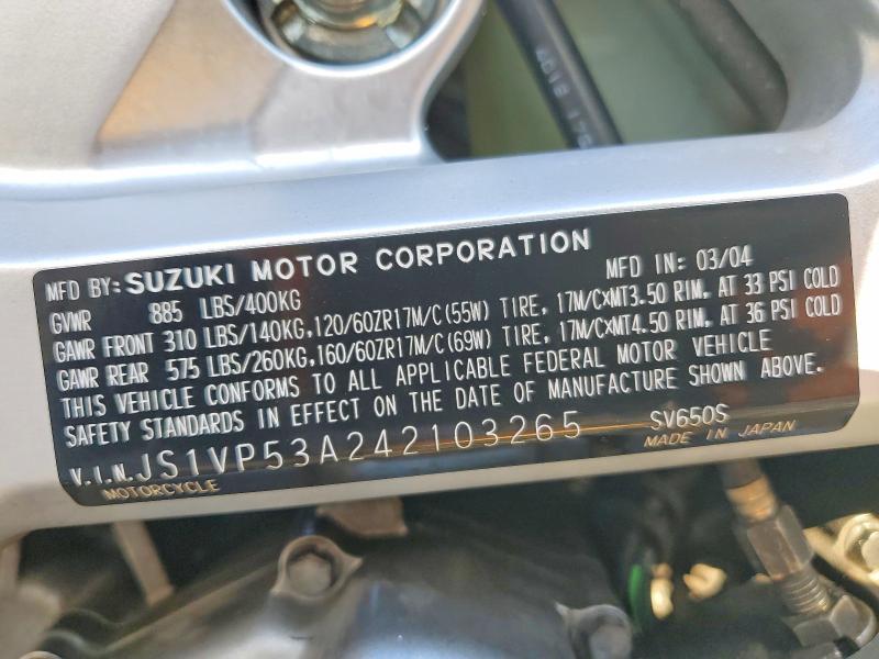 2004 Suzuki Sv650 მანქანა იყიდება აუქციონზე, vin: JS1VP53A242103265, აუქციონის ნომერი: 79303495