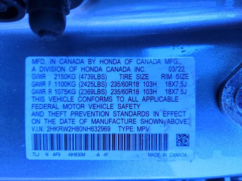 2022 Honda Cr-v მანქანა იყიდება აუქციონზე, vin: 2HKRW2H80NH632969, აუქციონის ნომერი: 75985935