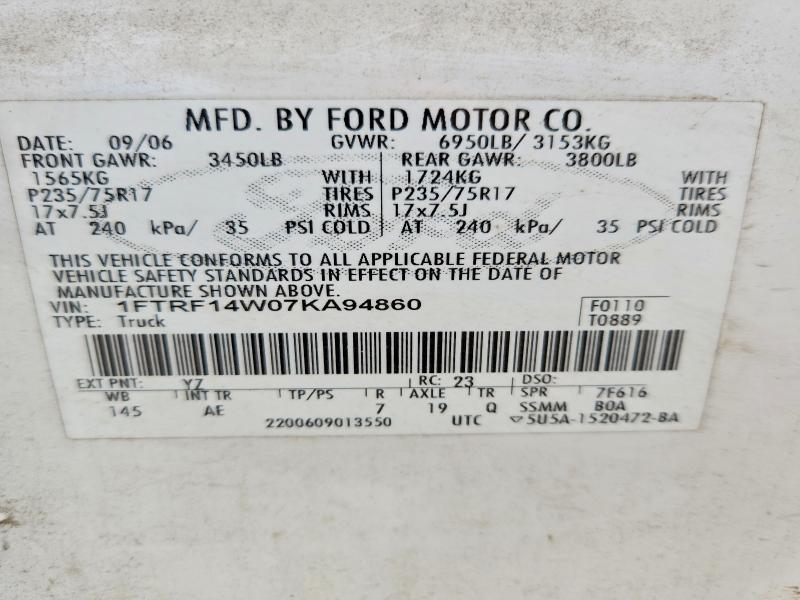 78287455 :رقم المزاد ، 1FTRF14W07KA94860 vin ، 2007 Ford F150 مزاد بيع
