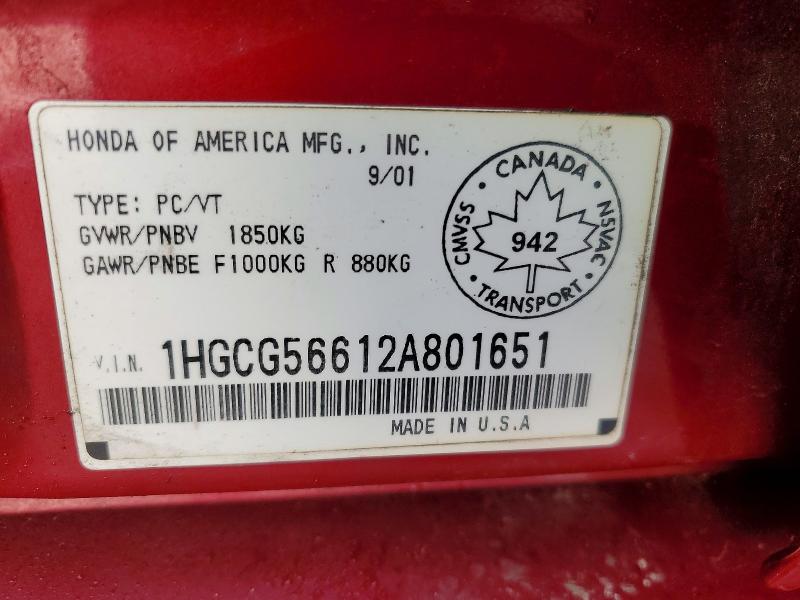 2002 Honda Accord მანქანა იყიდება აუქციონზე, vin: 1HGCG56612A801651, აუქციონის ნომერი: 73465415