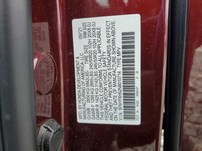 75948785 :رقم المزاد ، 5FNYF6H62NB010714 vin ، 2022 Honda Pilot Tour مزاد بيع