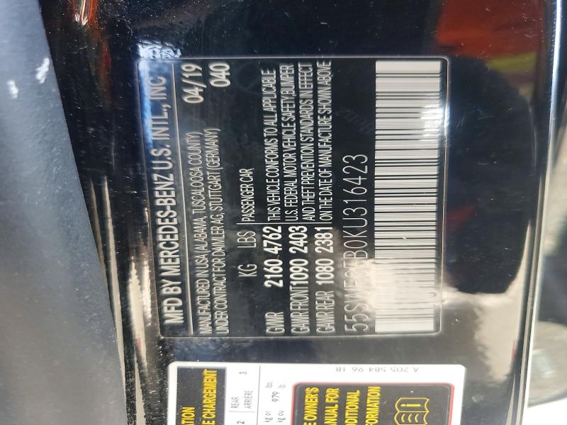 77630425 :رقم المزاد ، 55SWF8EB0KU316423 vin ، 2019 Mercedes-benz C مزاد بيع
