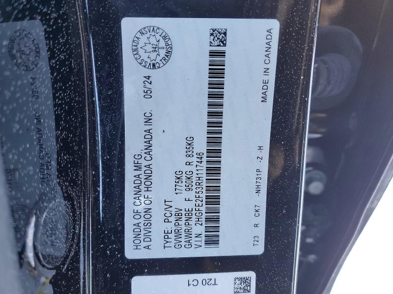 75804585 :رقم المزاد ، 2HGFE2F53RH117446 vin ، 2024 Honda Civic مزاد بيع