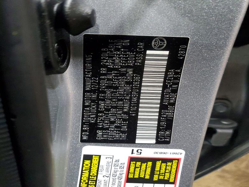 78051725 :رقم المزاد ، 4T1C11AK5PU126367 vin ، 2023 Toyota Camry مزاد بيع