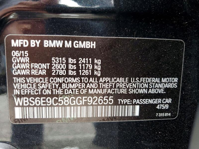 75992915 :رقم المزاد ، WBS6E9C58GGF92655 vin ، 2016 Bmw M6 مزاد بيع