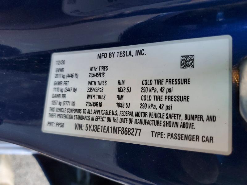 78367555 :رقم المزاد ، 5YJ3E1EA1MF868277 vin ، 2021 Tesla Model 3 مزاد بيع
