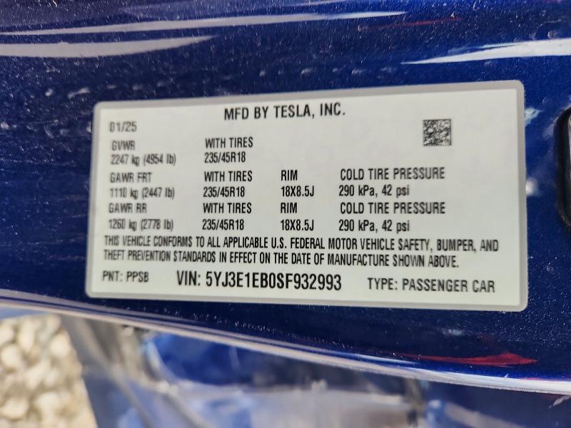 77789585 :رقم المزاد ، 5YJ3E1EB0SF932993 vin ، 2025 Tesla Model 3 مزاد بيع
