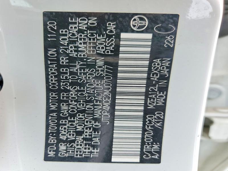 76768745 :رقم المزاد ، JTDP4MCE2MJ070777 vin ، 2021 Toyota Corolla مزاد بيع