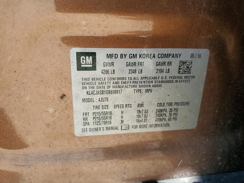 2016 Buick Encore მანქანა იყიდება აუქციონზე, vin: KL4CJASB1GB698917, აუქციონის ნომერი: 79099275
