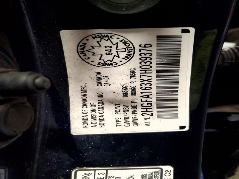 77863215 :رقم المزاد ، 2HGFA163X7H039376 vin ، 2007 Honda Civic مزاد بيع
