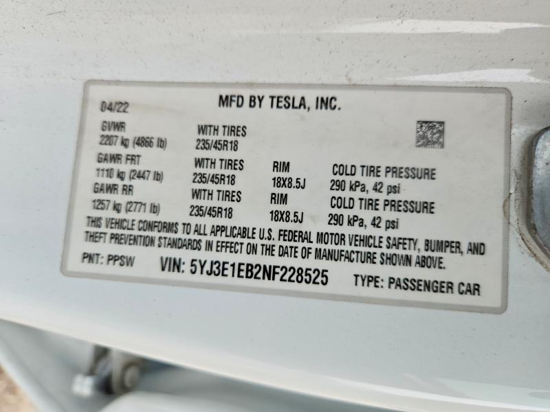 Продаж на аукціоні авто 2022 Tesla Model 3, vin: 5YJ3E1EB2NF228525, номер лоту: 73557125