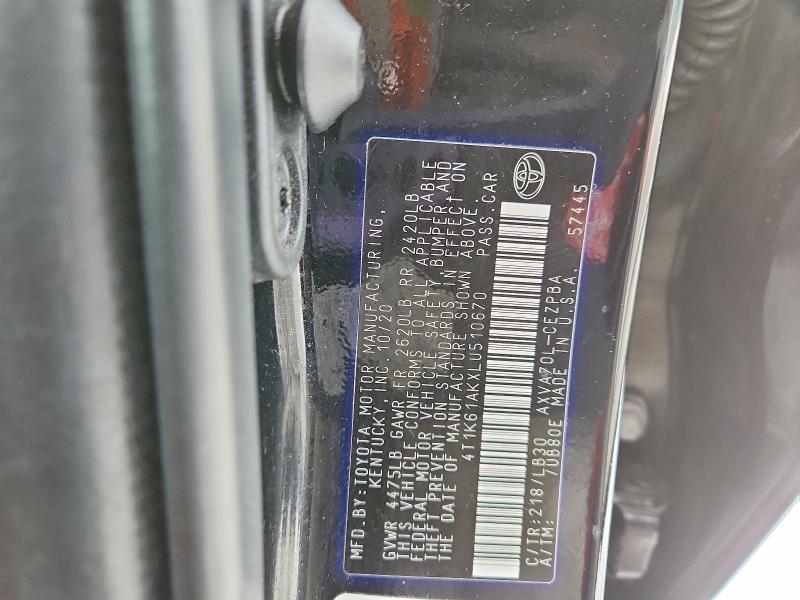 2020 Toyota Camry მანქანა იყიდება აუქციონზე, vin: 4T1K61AKXLU510670, აუქციონის ნომერი: 78039955