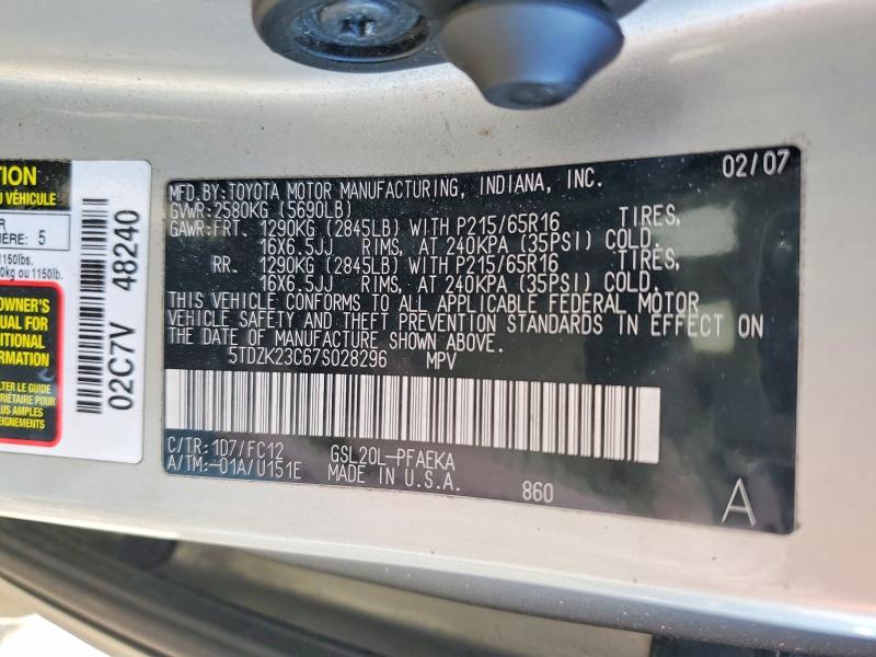 Aukcja sprzedaży 2007 Toyota Sienna, vin: 5TDZK23C67S028296, numer aukcji: 75221215