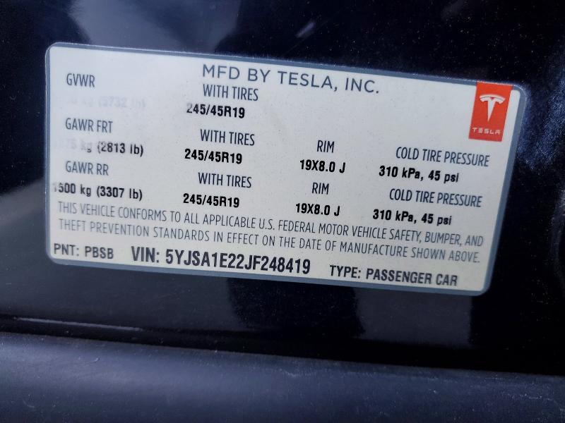 75194595 :رقم المزاد ، 5YJSA1E22JF248419 vin ، 2018 Tesla Model S مزاد بيع