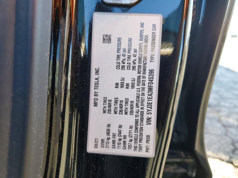 2021 Tesla Model 3 მანქანა იყიდება აუქციონზე, vin: 5YJ3E1EA3MF045396, აუქციონის ნომერი: 77264425