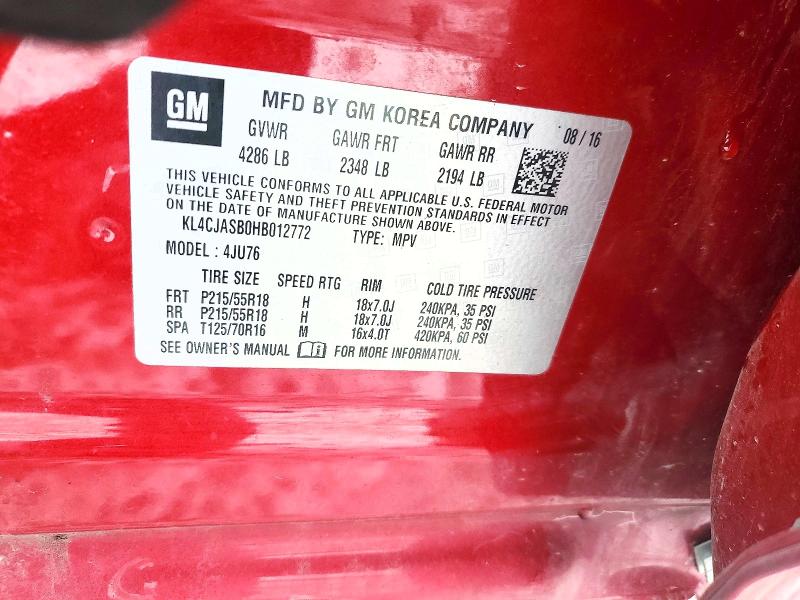 77651725 :رقم المزاد ، KL4CJASB0HB012772 vin ، 2017 Buick Encore مزاد بيع