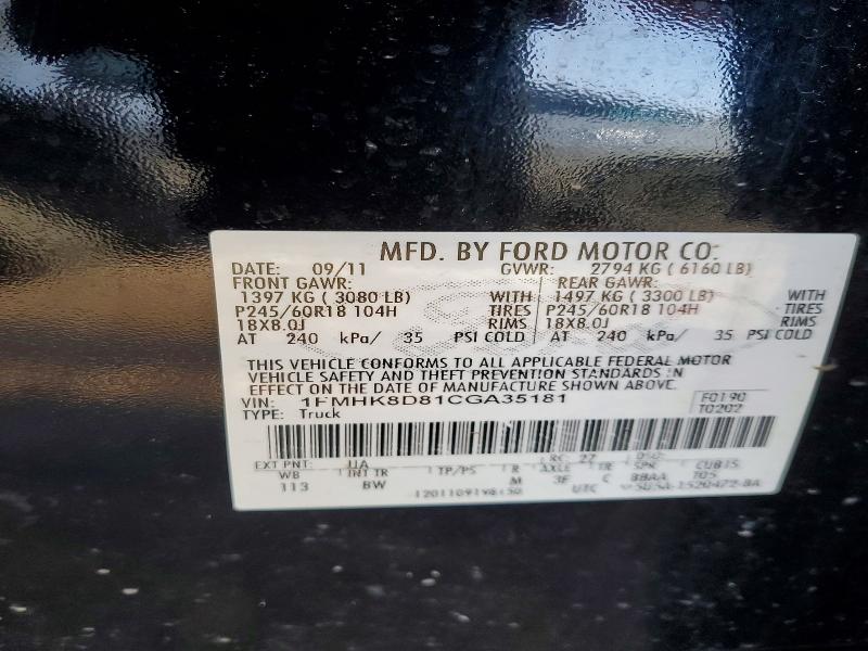 Aukcja sprzedaży 2012 Ford Explorer, vin: 1FMHK8D81CGA35181, numer aukcji: 72140855