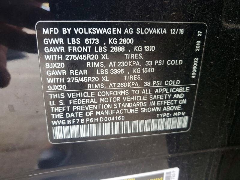 77184555 :رقم المزاد ، WVGRF7BP6HD004160 vin ، 2017 Volkswagen Touareg مزاد بيع