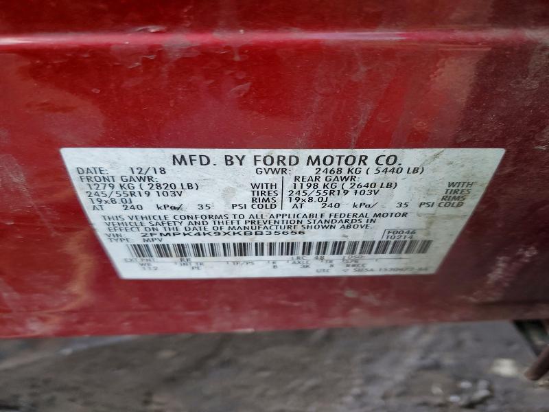 75055205 :رقم المزاد ، 2FMPK4K9XKBB35656 vin ، 2019 Ford Edge مزاد بيع