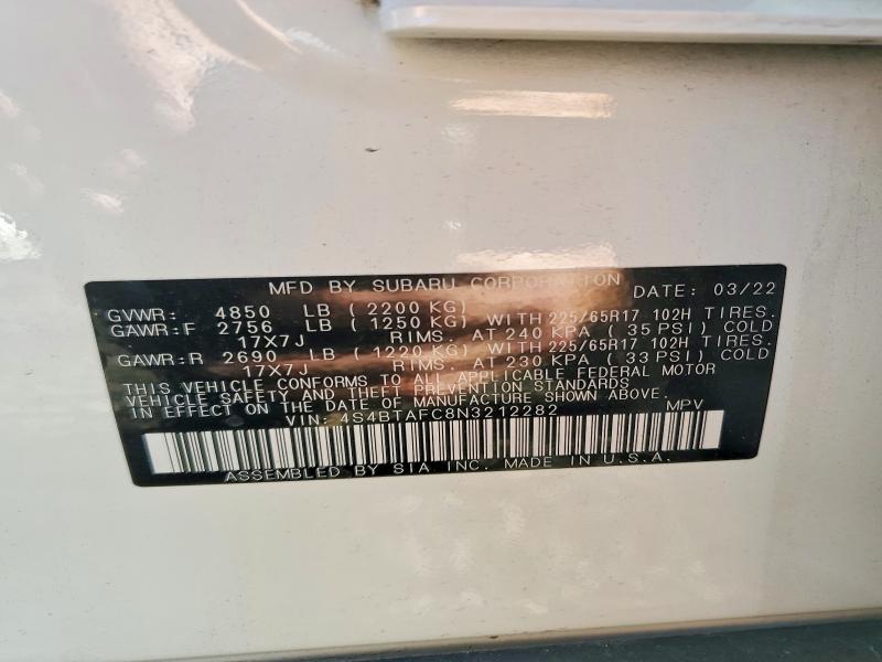 Aukcja sprzedaży 2022 Subaru Outback Pr, vin: 4S4BTAFC8N3212282, numer aukcji: 76668365