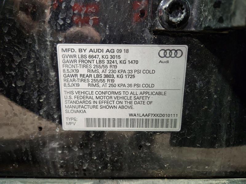 2019 Audi Q7 მანქანა იყიდება აუქციონზე, vin: WA1LAAF7XKD010111, აუქციონის ნომერი: 78446585