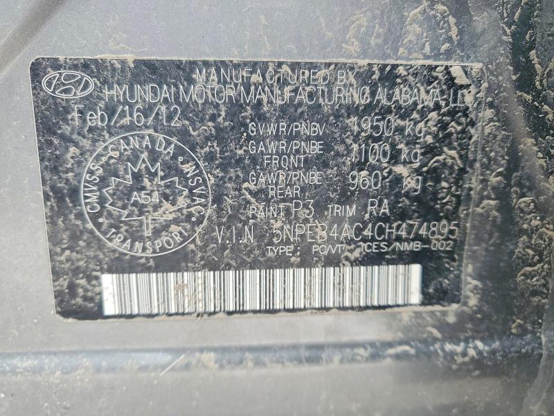 78134795 :رقم المزاد ، 5NPEB4AC4CH474895 vin ، 2012 Hyundai Sonata مزاد بيع