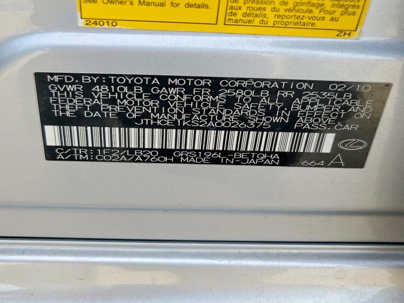 77928205 :رقم المزاد ، JTHCE1KS2A0026375 vin ، 2010 Lexus Gs مزاد بيع