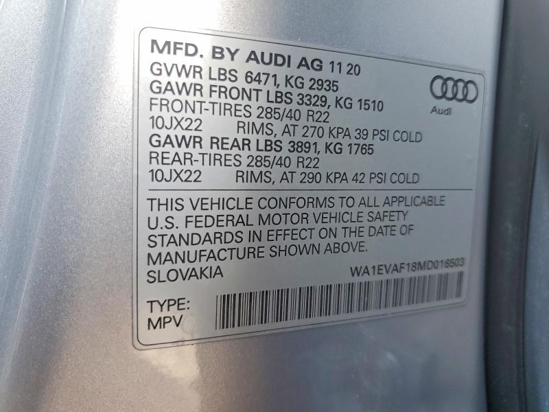 Продажа на аукционе авто 2021 Audi Q8, vin: WA1EVAF18MD016503, номер лота: 76195515
