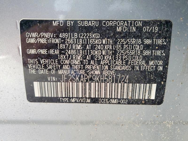 Aukcja sprzedaży 2019 Subaru Forester, vin: JF2SKAPC9KH581724, numer aukcji: 78274725